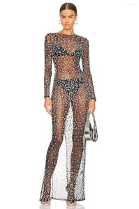 Casual jurken Damesmode bodysuit met lange mouwen 2023 Elegante rayon transparante afslankende feestjurk met diamanten split