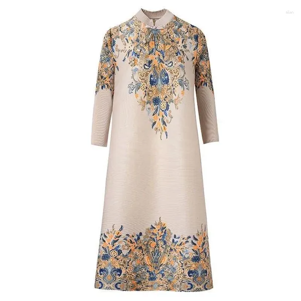 Robes décontractées Mode féminine Imprimer Vintage Style chinois élégant Parti col montant 3/4 manches lâche robe midi Qipao Vestidos L54