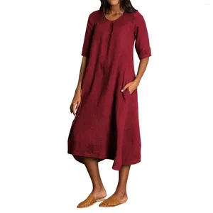 Robes décontractées de la mode de la mode féminine manche divisée longue couleurs de couleur un lin en coton à la mode et simple