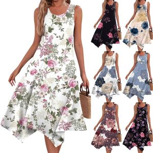 Vestidos casuales de moda para mujeres redondo redondo sin mangas simples estampados simples hembrenos midi vestidos de tipo delgado