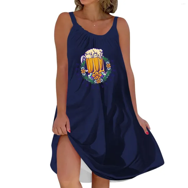 Vestidos casuales Moda de mujer Sexy Retro Beer Festival Impreso Correa Vestido Longitud de rodilla para mujeres Bolsillos