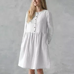 Casual jurken dames mode massieve kleur ronde nek zak knop met lange mouwen katoenen linnen jurk dames zomer wit