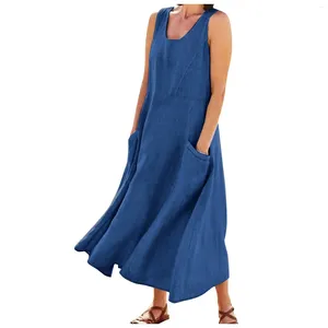 Casual jurken dames mode massieve kleur mouwloze katoenen linnen pocket jurk temperament met lange mouwvestido