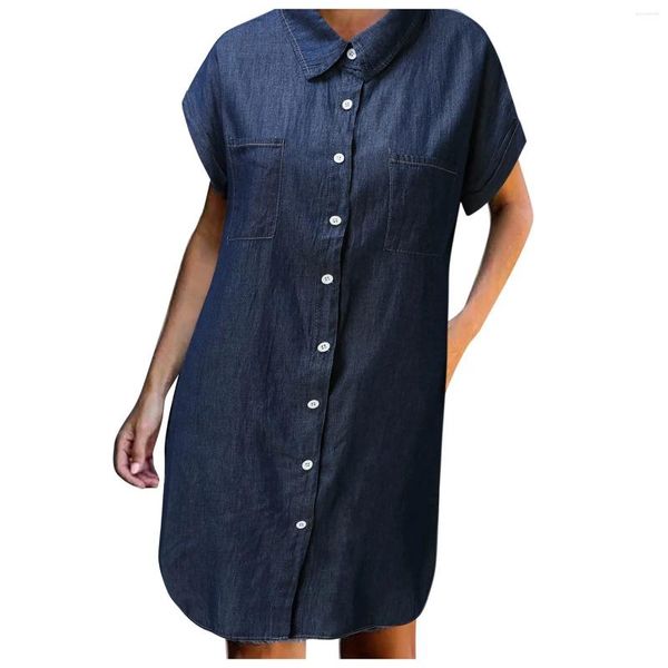 Robes décontractées robe d'été de mode pour femmes manches courtes minces midi midi bouton relevé à la taille de la taille de la taille d'une plage de vacances en vrac