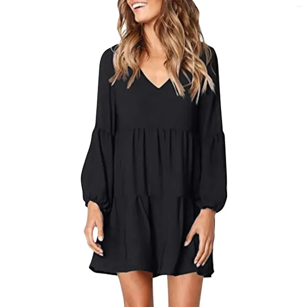 Robes décontractées Mode féminine Col en V Lâche Volants Plissé Swing Couleur Solide Mousseline de soie Robes de Fiesta Elegantes Para Mujer