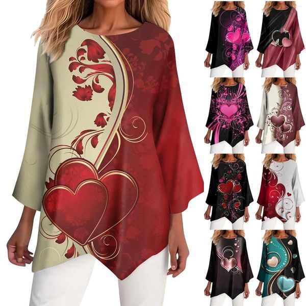 Vestidos casuales Moda para mujer Día de San Valentín Impresión Cuello redondo Manga 3/4 Dobladillo irregular Camiseta Top Otoño Invierno Tops Puntada femenina coreana