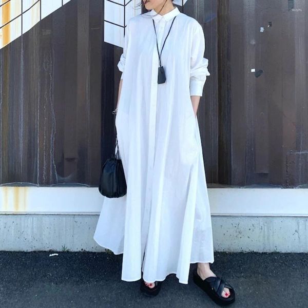 Vestidos casuales Moda para mujer Ventilar un tamaño Botón de corbata Camisa blanca Vestido de verano Estilo japonés Cintura suelta Larga