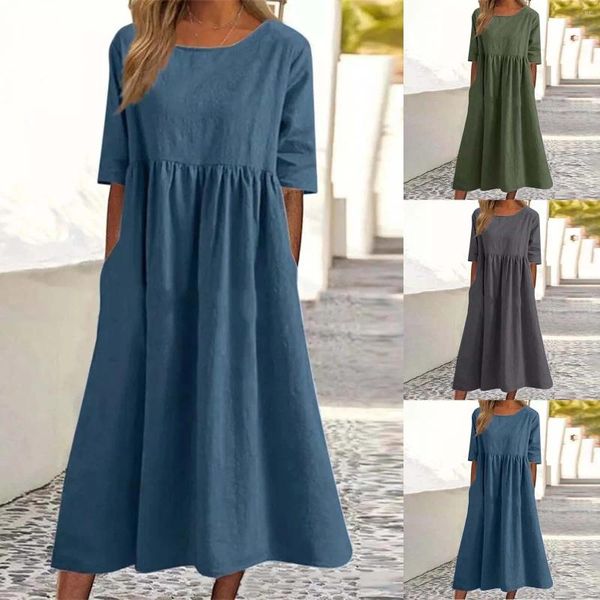 Vestidos casuales Moda de mujer Algodón suelto y lino redondo para mujer verano mujer maxi petite mujeres