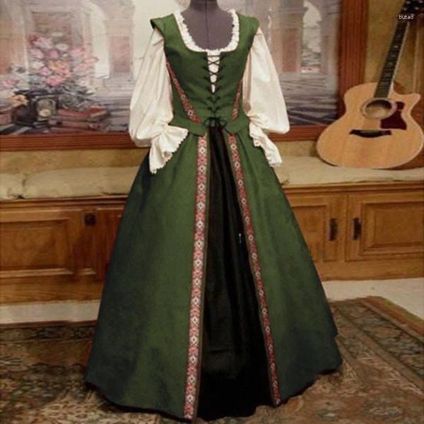 Vestidos casuales Vestido de cuello cuadrado de manga acampanada para mujer Renacimiento medieval Elegante vendaje Costura hasta el suelo