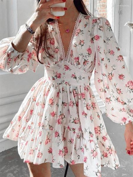 Robes décontractées à imprimé floral féminin robe vintage à manches longues à manches longues en V