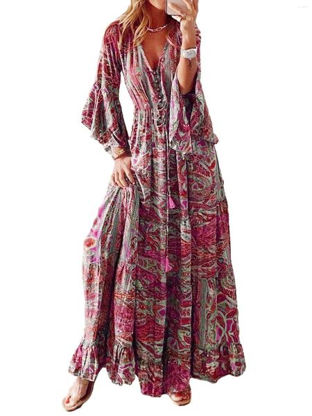 Robes décontractées Femmes S Floral Print Off Épaule Maxi Robe avec ourlet à volants et cravate à la taille réglable pour l'invité de mariage de plage d'été