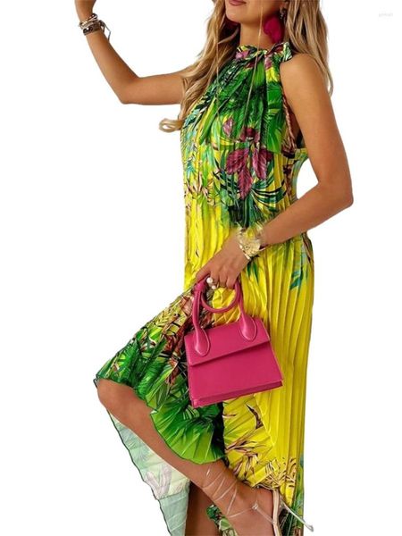 Vestidos casuales Vestido halter sin mangas con estampado floral de mujer con dobladillo oscilante escalonado - Vestido de verano midi de playa boho para vacaciones