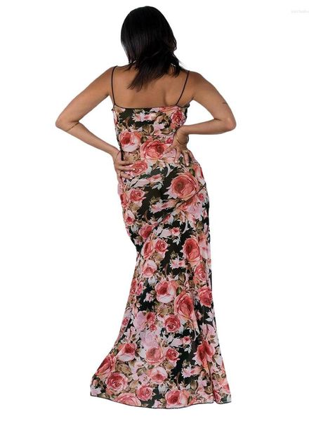 Robes décontractées Femmes S Floral Bretelles Dos Nu Robe Cravate Fleur Imprimé Fente Été Hawaïen Longue Fête Maxi Bal (Noir Rouge