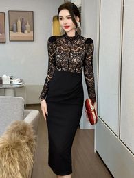 Robes décontractées French French Elegant Black Robe Celebrity Sheer Lace Spliced Midi Robe Professional Business Vestidos Mujer Party Gown