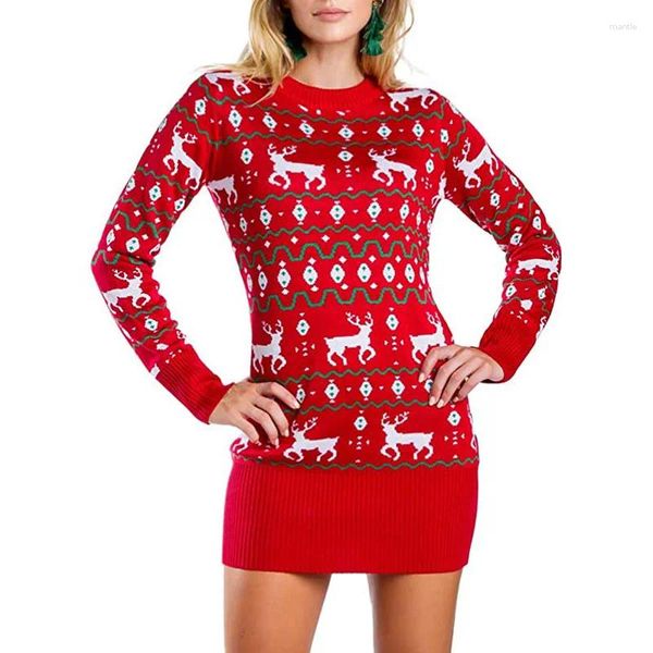 Vestidos casuales Vestido de suéter de Navidad divertido para mujer Impresión de dibujos animados Prendas de punto Manga larga Cuello redondo Jersey Vacaciones