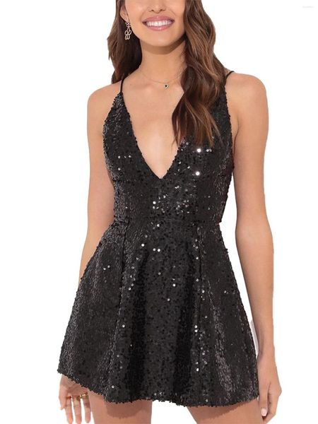 Vestidos casuales Mujeres S Lentejuelas brillantes Sin mangas Mini vestido Y2k Correa de espagueti Corte bajo Fiesta corta Cumpleaños Clubwear (B Negro L)