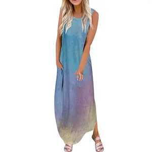 Robes décontractées pour femmes Gradient Imprimerie robe sans manches lâches Longs avec des poches Summer Holiday Beach For Womens Vestidos