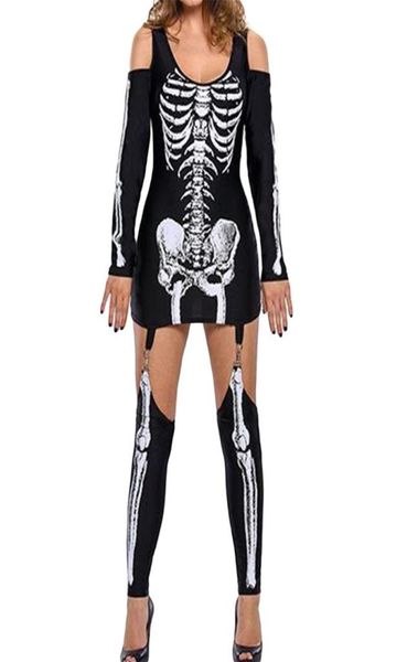 Vestidos informales Disfraz de Halloween para mujer Vestido estampado de esqueleto de manga larga con mediasCasual7288214