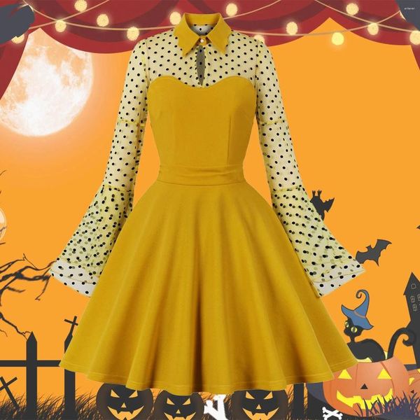 Robes décontractées Femmes Halloween Mesh Polka Dot Broderie Flare Manches Patchwork Vintage Robe Coton Maison