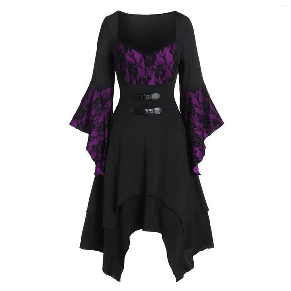 Vestidos casuales Halloween Peony Lace Irregular Vintage Hoja Manga Vestido Cosplay Traje Bruja Vampiro Gótico