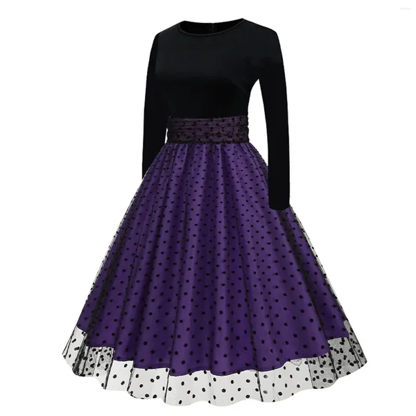 Vestidos casuales para mujeres Halloween Retro Mesh Dots Cierro de costura Coloque Vestido de manga larga Juniors Maxi para mujeres