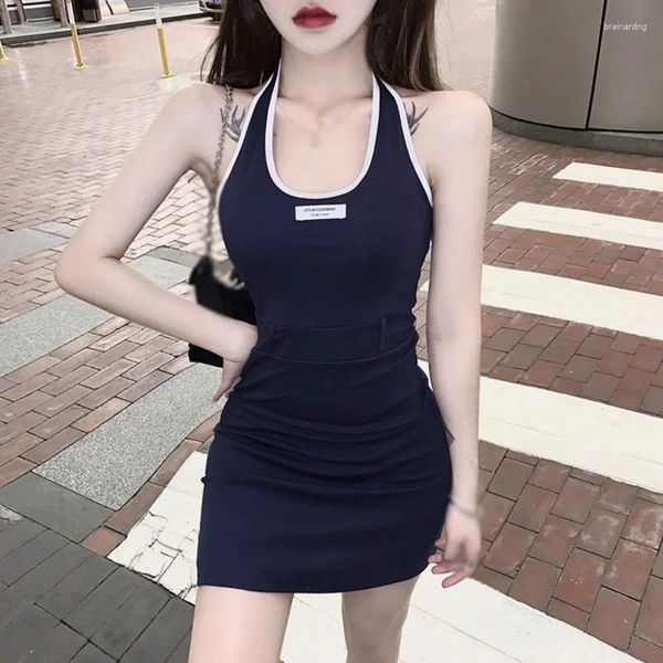 Vestidos informales Vestido de cabestro para mujeres Contraste Color Send Sorredor Manevels Sexy Slim Fit Hip Wrap Fitting Fitting Streetwear Summer