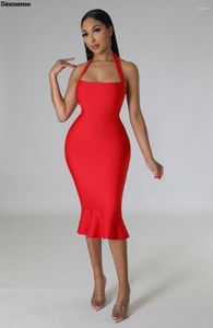 Casual Jurken Dames Halter Fishtail Bandage Bodycon-jurk Sexy Mouwloos Ruches Zeemeermin Midi Clubwear Cocktailparty Avond