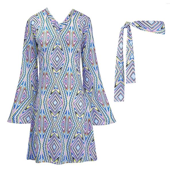 Vestidos casuales Vestido de pañuelo para mujer Conjunto de dos piezas Damas Boho Impresión con cuello en V Manga de llamarada 2024 Moda Ropa étnica