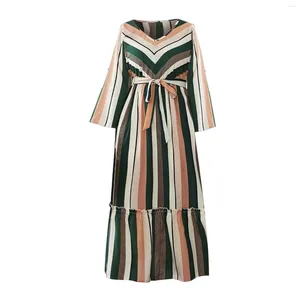 Robes décontractées Femmes Grande Taille Vert Rayé Couleur Correspondant Imprimé Robe Longue Ceinture Lâche Coton Robes D'été