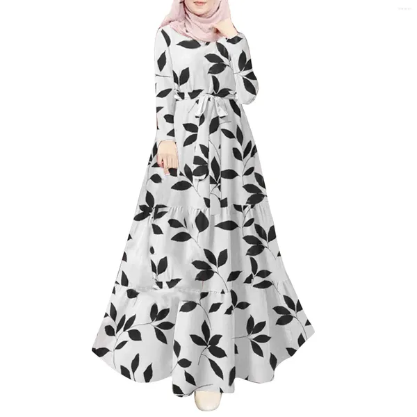Robes décontractées Vêtements musulmans imprimés de feuilles pour femmes élégant une ligne patchwork longue cordon de drawsward haute taille robe femme