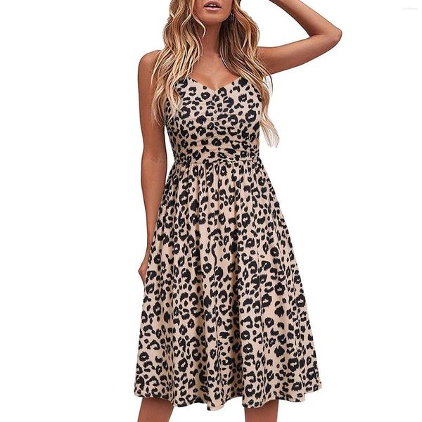 Robes décontractées Robe d'impression léopard pour femmes Camisole Mode sans bretelles taille plissée une ligne élégante fête de plage robes féminines