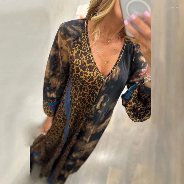 Vestidos casuales Mujer Leopardo Estampado con cuello en V Vestido sin espalda Manga larga Fiesta Oficina Lady Elegante Robe Otoño Invierno Sexy 2024