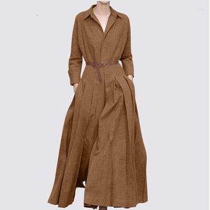Casual Dresses Women's Long Dress 2023 Fashion Sleeve Lapel Pleated Office Lady Solid Color In Spring Winter Without Belt