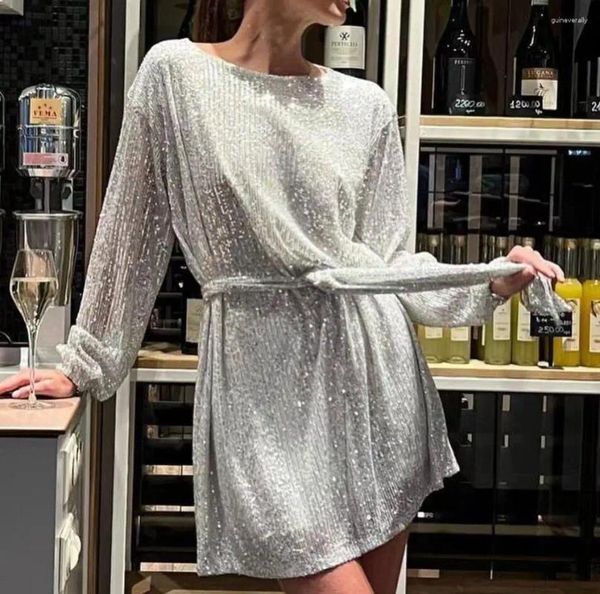 Robes décontractées Robe de soirée à manches longues pour femmes avec paillettes de luxe à lacets paillettes sexy mini femmes fête de mariage brillante