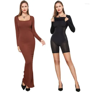 Robes décontractées Femmes manches longues col carré moulante maxi robe double couche façonnage vêtements fesses minces taille serrée jupe corset