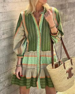 Robes décontractées Blouse lâche pour femmes 2024 Coton imprimé d'été et 3/4 Jupe courte mini-robe vintage midi