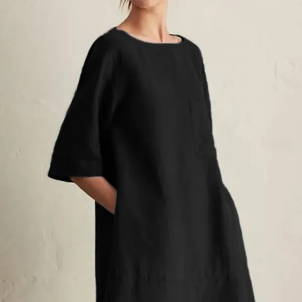 Robes décontractées Robe ample pour femmes, col ras du cou, manches mi-longues, poches en lin uni, longue robe pour femmes, vêtements de grande taille