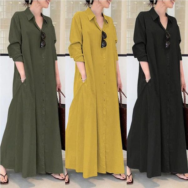 Vestidos casuales de las mujeres sueltas más tamaño algodón lino manga larga solo pecho kaftan maxi camisa vestido vestidos streetwear