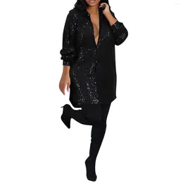 Robes décontractées Femmes lâches paillettes boutonnées à manches longues Party Club Chemise Robe Chic et élégante Femme Fashion-Forward Glamorous