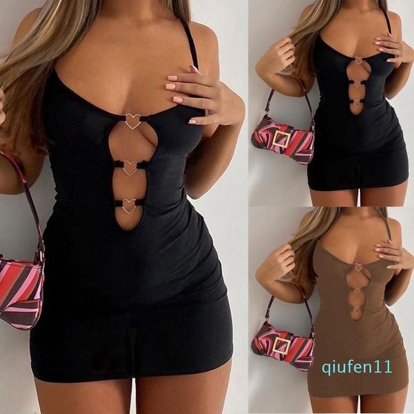 Vestidos casuales Vestido de niña ahuecado sin mangas con tirantes de color sólido con botones de amor para mujer