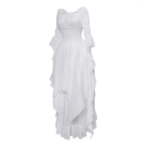 Vestidos casuales Vestido de estilo retro medieval para mujer Blanco Negro Color sólido Largo plisado Trompeta Manga Princesa Fuera del hombro