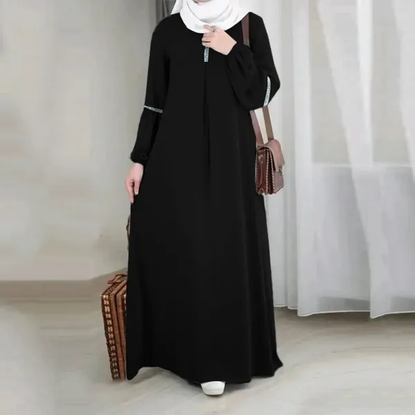 Robes décontractées de la femme musulmane lâche longue manche ronde du cou rond de tempérament de prière robe couleur couleur plus grande taille vestido
