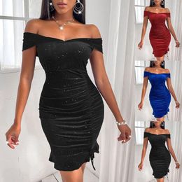 Casual jurken dames off-shoulder bodycon-jurk glanzende lange mouwen ruches elegante cocktailparty diner mini vestidos para mujer