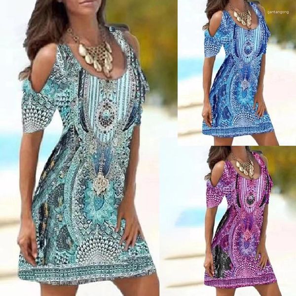 Vestidos casuales Mujer de manga de hombro Túnica Impresión Reunida Cómoda Estiramiento Verano Mini U Cuello Vestido Corto para Adolescentes