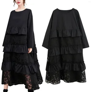 Casual jurken dames oversized jurk met lange mouwen zwarte bloemen mesh franjes dames jaren '70