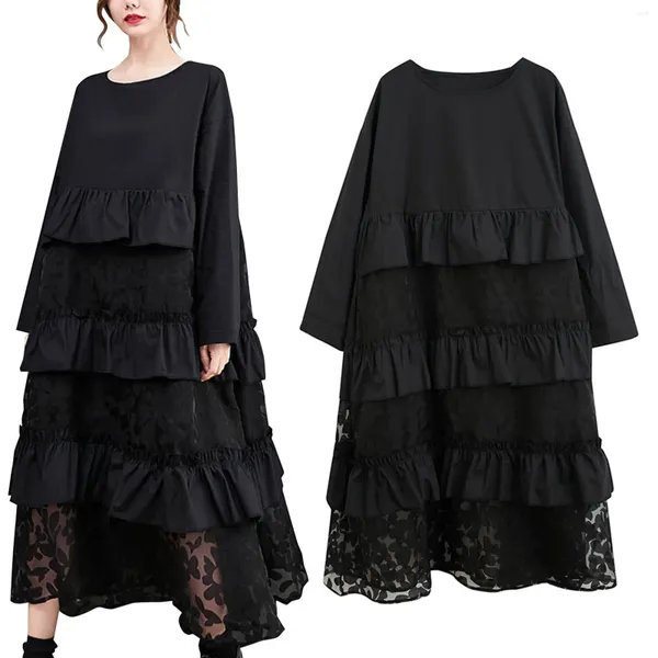 Vestidos casuales Vestido de manga larga de gran tamaño para mujer Malla floral negra con flecos