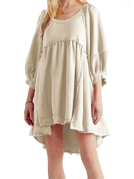 Robes décontractées Robe sweat-shirt surdimensionnée pour femmes, couleur unie, tunique ample, col rond, manches lanternes, dos haut et bas, ourlet mini