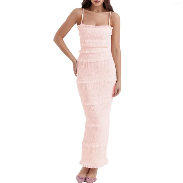 Robes décontractées Femmes Rose Longue Robe Halter Tempérament Slim Tissu En Vedette Bois Oreille Côté Maxi Party Mode