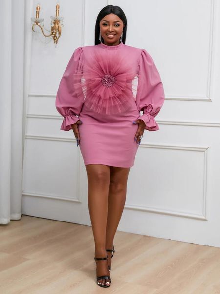 Robes décontractées Mini robe rose pour femmes avec grande fleur rose col haut manches longues moulante cocktail robes courtes automne 2023 fête de mariage