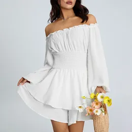 Vestidos casuales Romper de manga femenino Summer Ruchado Rocido Long Flowy Capetas cortas Cintura elástica Floting Off Shoulder Playsuits